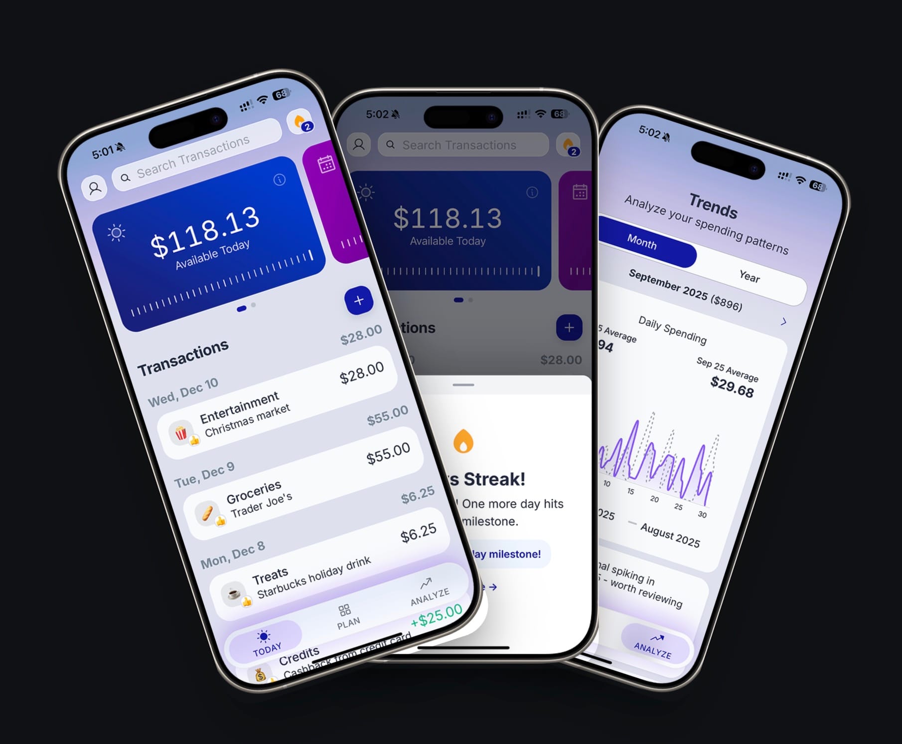 BentoMoney iPhone screens showing Available Today, streaks, and spending trends