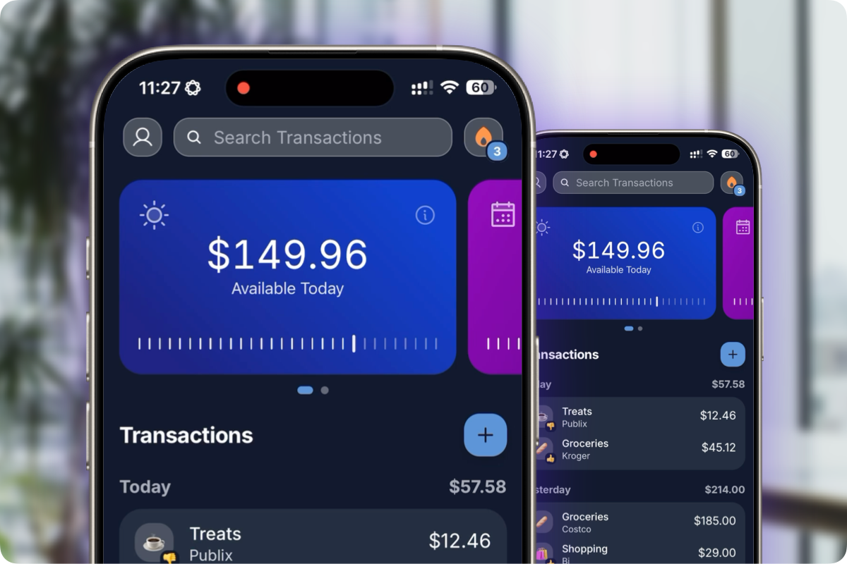 BentoMoney dashboard showing $149.96 available to spend today, with recent transactions listed below including Treats, Groceries, and Shopping categories