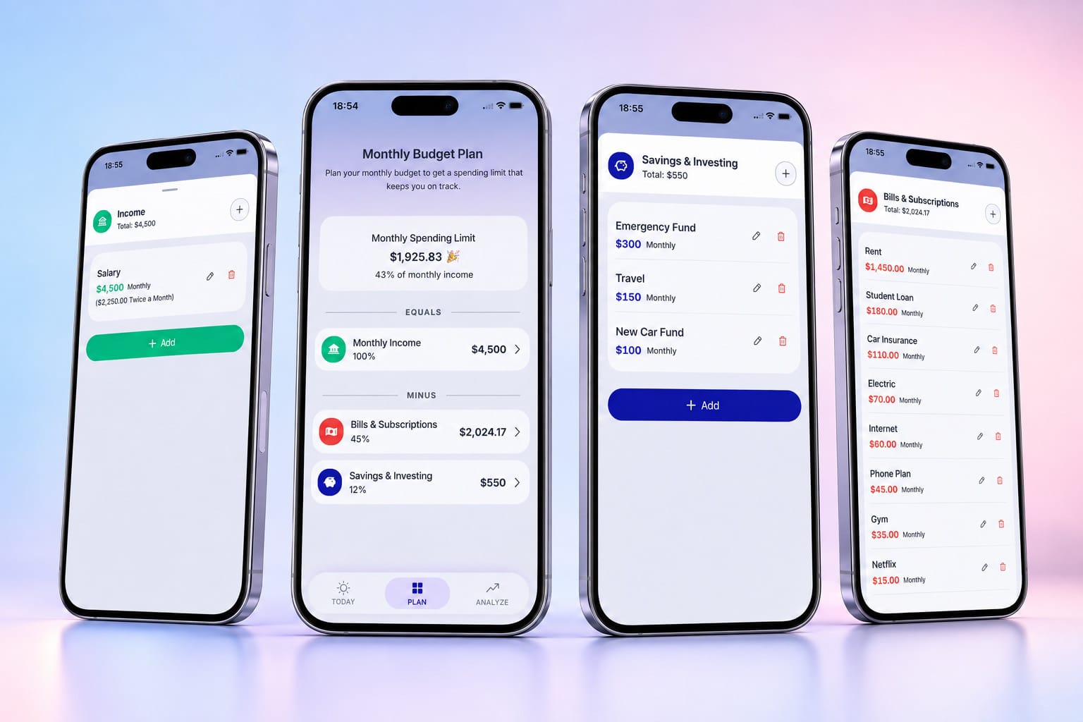BentoMoney setup screen on iPhone showing monthly income, recurring bills and savings